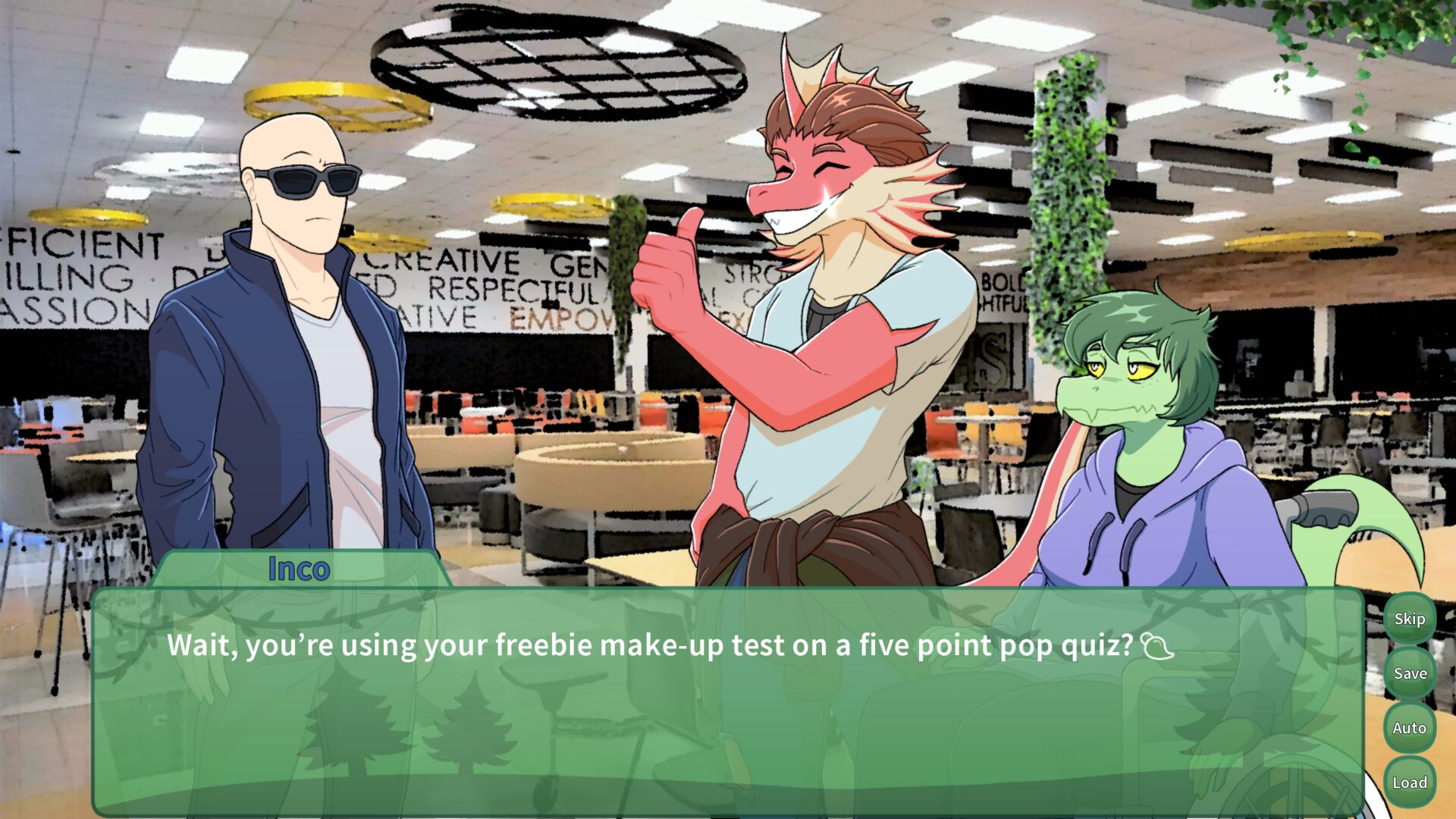 Screenshot 1: Inco, Damien and Olivia stand in the school cafeteria. Inco asks "Wait, you're using your freebie make-up test on a five point pop-quiz?"